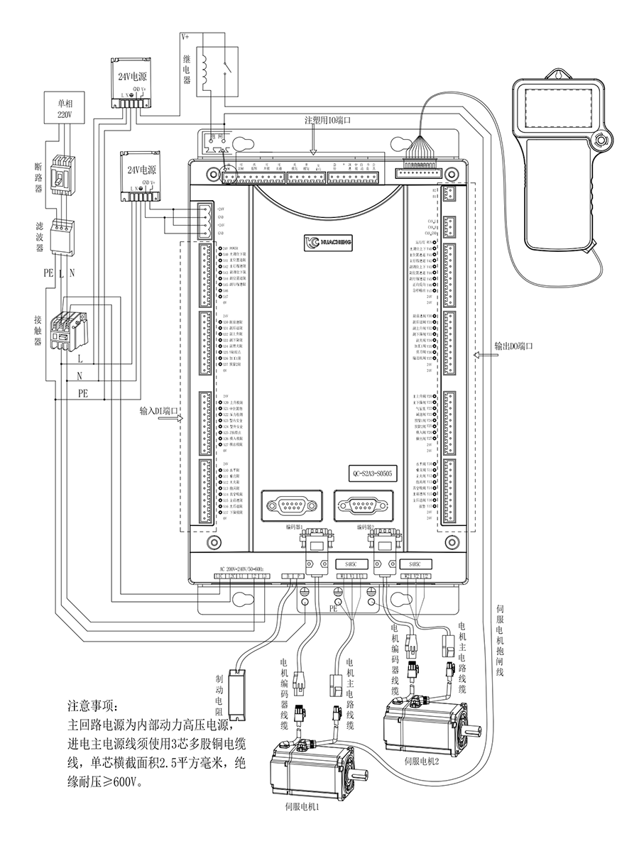 QC-S2E兩軸注塑驅(qū)控一體機械手控制系統(tǒng)接線圖
